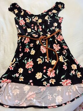 Black Floral High-Low Dress with Braided Belt